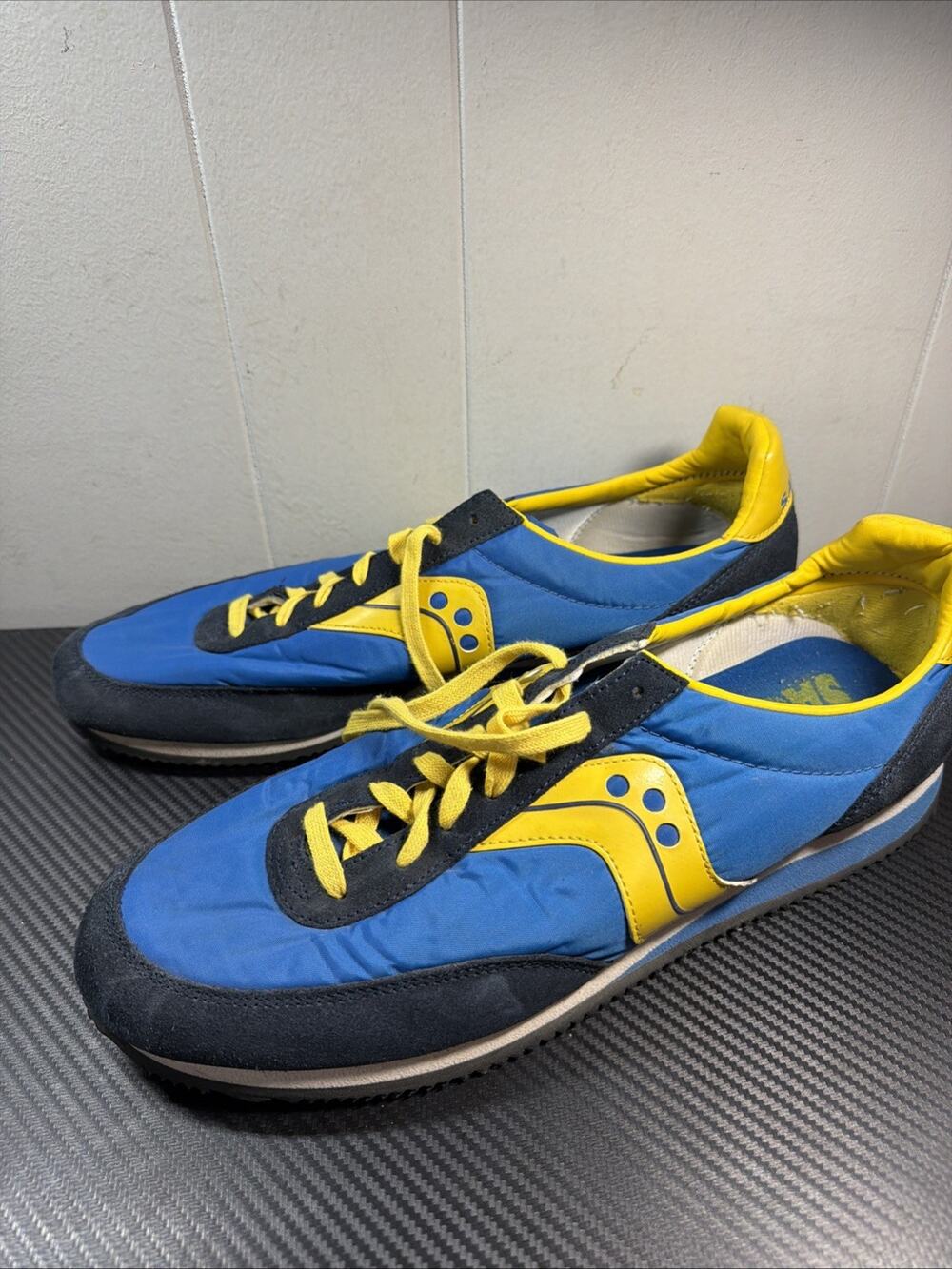 VTG Y2K Saucony Style 2485-1 Blue/Yellow Hornet Suede & Nylon Mens Size 13 C2